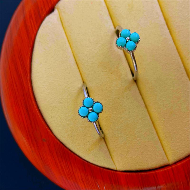 S925 Silver Natural Hubei Turquoise Four-Leaf Clover Ring for Women - Adjustable and High Porcelain Finish