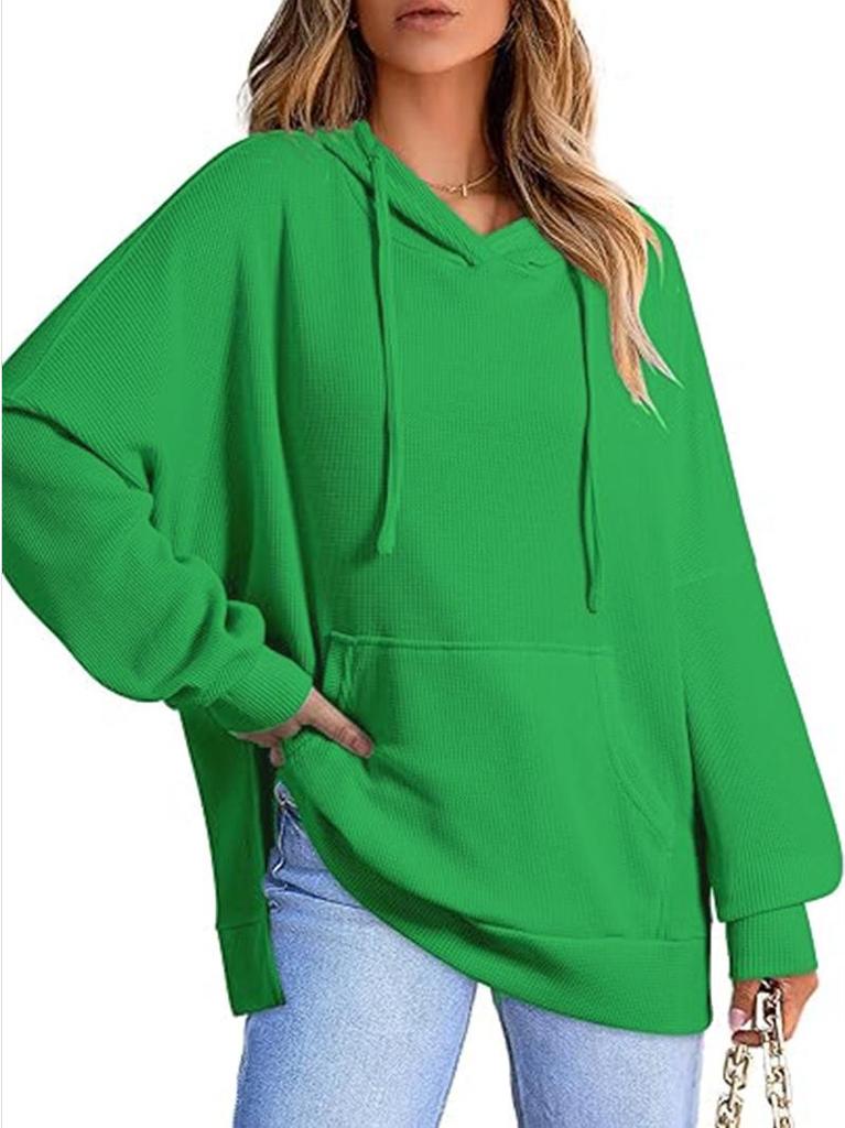 2024 Women's Hooded Waffle Knit Pullover Sweatshirt with Pocket, Long Sleeve, Autumn/Winter