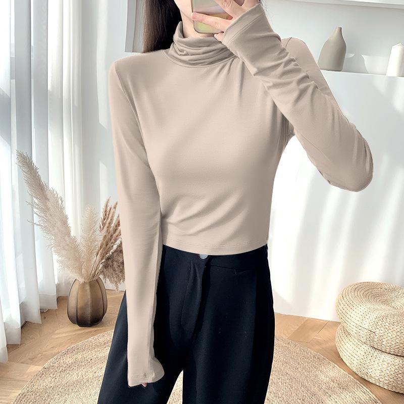 Kadın Dar Kesim Yüksek Yakalı Crop Top Uzun Kollu Gömlek