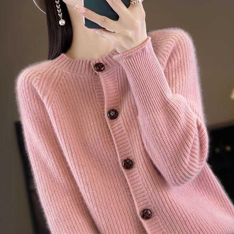 

Осенний кардиган женский вязаный с круглым вырезом, длинным рукавом, однобортный, однотонный, красивый свитер 3XL