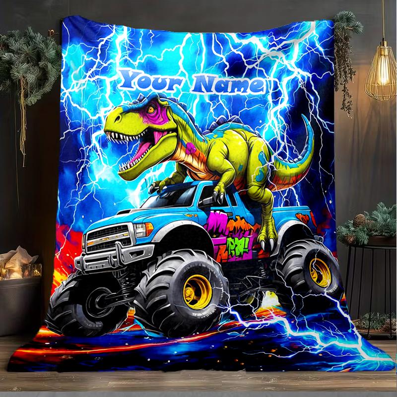 1PC Custom Name Dinosaur Monster Truck Adventure outdooor Flannel blankets Patterns Throw Blanket All-Season Soft Gift for Couch, Bed, Camping gifts