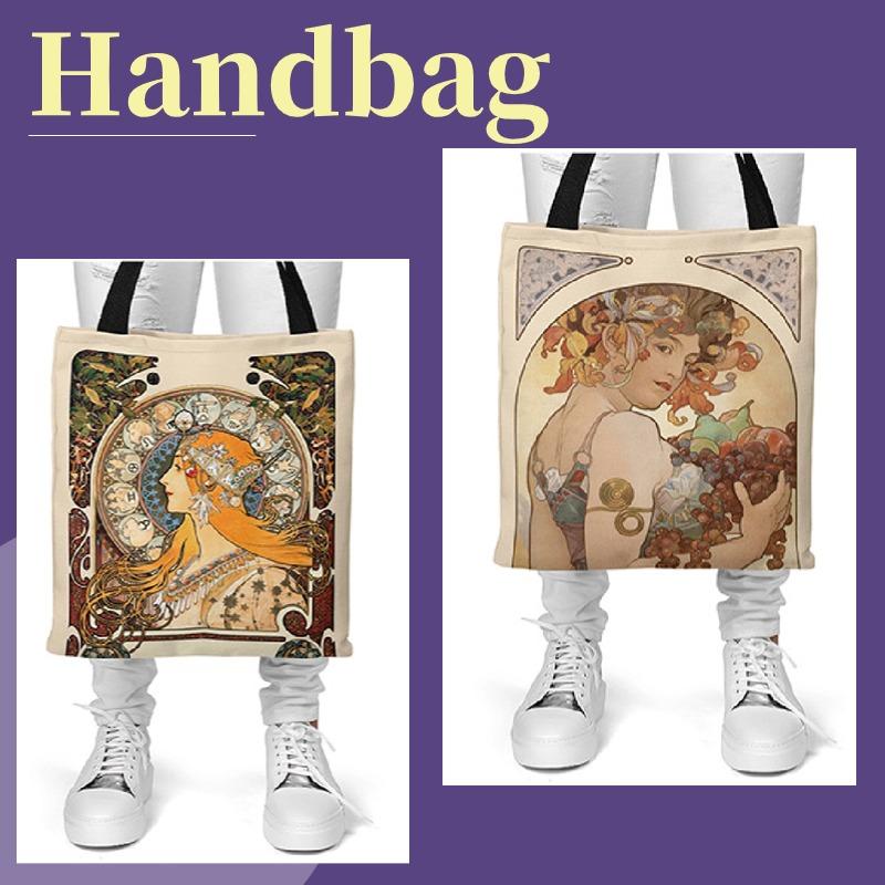 Mucha-serien bildaffisch Canvas tygväska Retro handväska Axelväska Digitaltryck Damväska med topphandtag