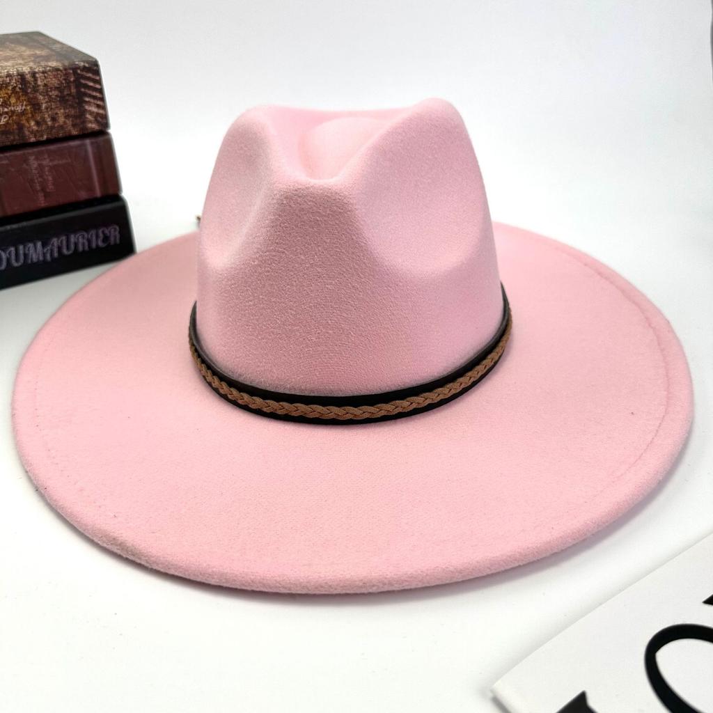Hot autumn and winter new European and American style monochrome men's and women's belt hats simple woolen flat brim big edge jazz hats