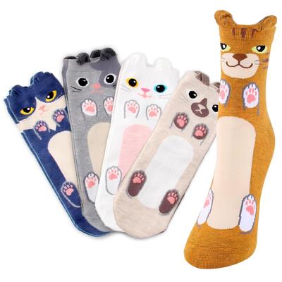 Banane Kedi Baskılı Hayvan Çorapları Seti 3 D'or Kadın (Turuncu, Çiftler)