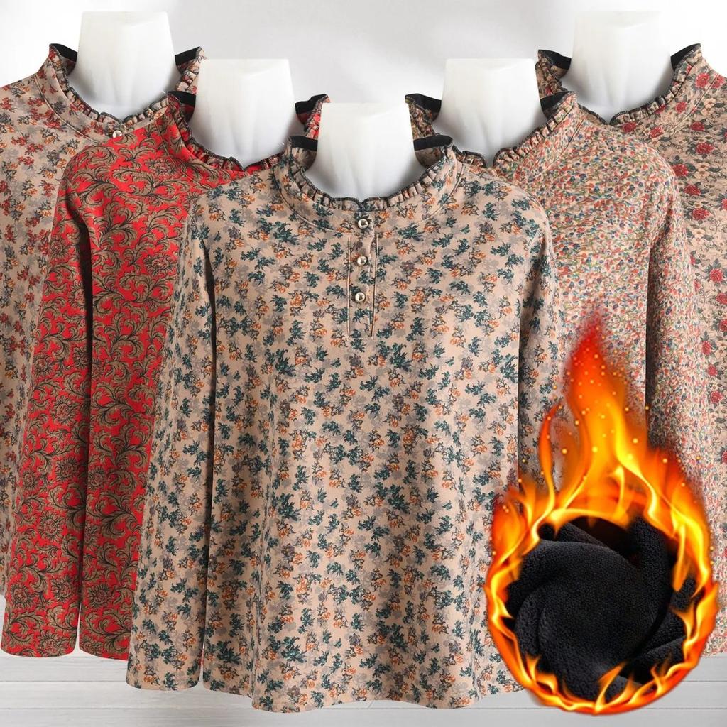 Printed Plus Velvet Bottoming Shirt Top Floral Long-sleeved Women's Stand-up Collar Warm T-shirt