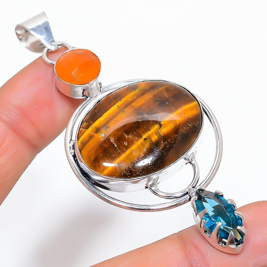 

Natural Tiger Eye Gemstone Handmade 925 Sterling Silver Pendant 2.96 a6G64