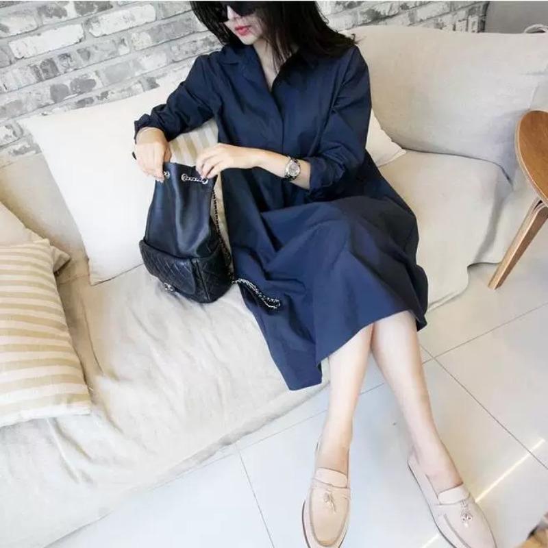 Wiosna i jesień Nowy styl Styl literacki Prosty swobodny Długi rękaw Sukienka koszulowa damska Duży rozmiar Średniej długości Sukienka za kolano Wąska
