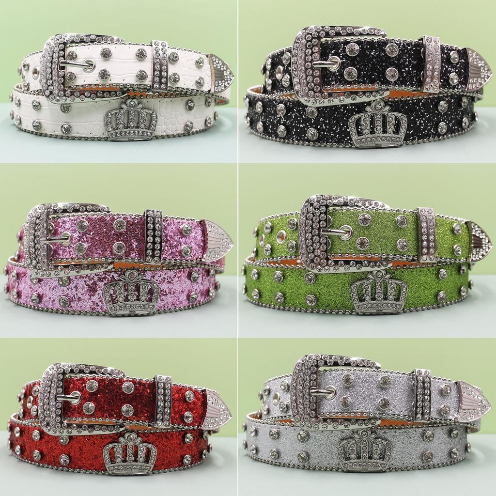 Punk Belt Crown Trendy Men and Women Inlaid with Rhinestone Sequins Rock Fashion Belt Men and Women Belt