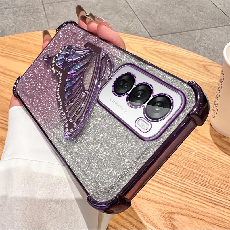 Glitzer Stoßfest Verchromung Treibsand Schmetterling Handyhalter Hülle für OPPO Reno 14 14F 13 13F 12 12F 11 11F 10 Pro Silikonhülle