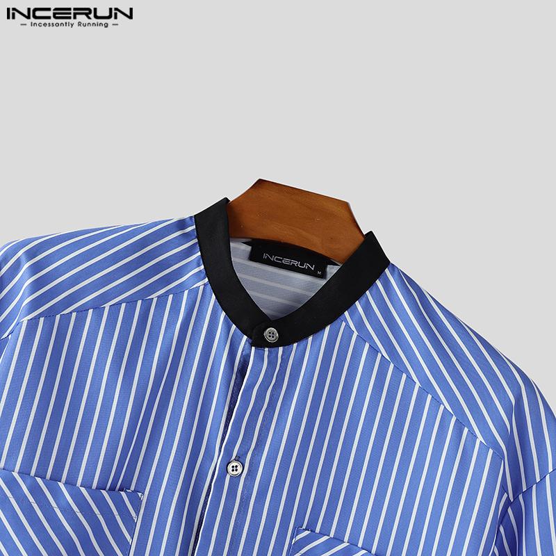 INCERUN Men Collarless Short Sleeve Stitching Striped Casual Shirts Tops