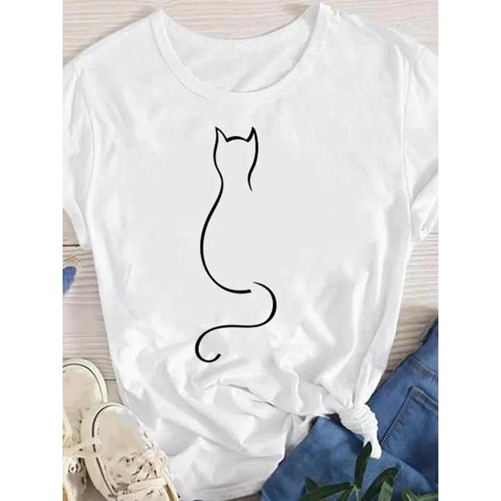 Cute Cat Animal Cartoon Print Graphic Women T Shirt Cartoon Graphic Printed Ladies T-shirt Casual Woman Shirt Kawaii Tee Shirt