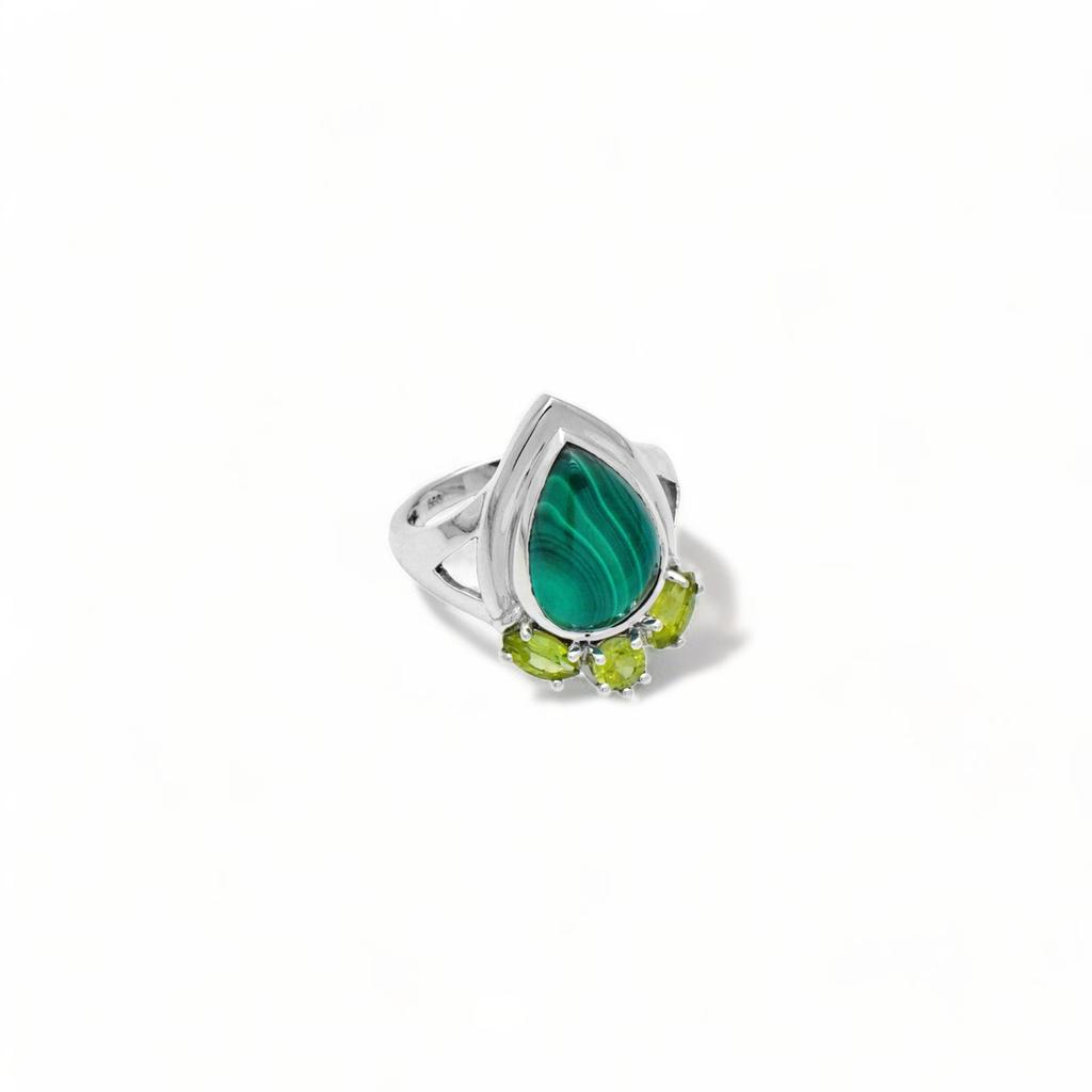 Malachite and Peridot Ring in 925 Sterling Silver – Handmade Women’s Gemstone Jewelry, Anniversary gift for Her, Christmas Gift
