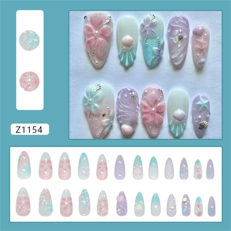 24PCS Elegant Press On Nail Set Featuring Pearls Seashells Design And Shimmering Rhinestones 3D Ombres Glows ABS False Nail Easy Application
