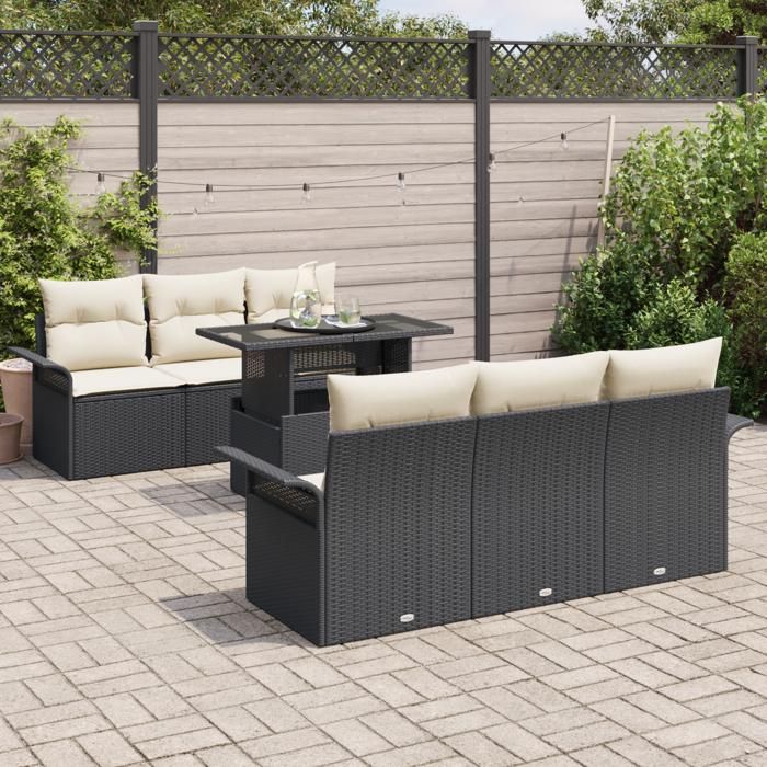 VidaXL Ensemble Canapé Jardin 7 Pièces Coussins Noir Poly Rattan 3348203