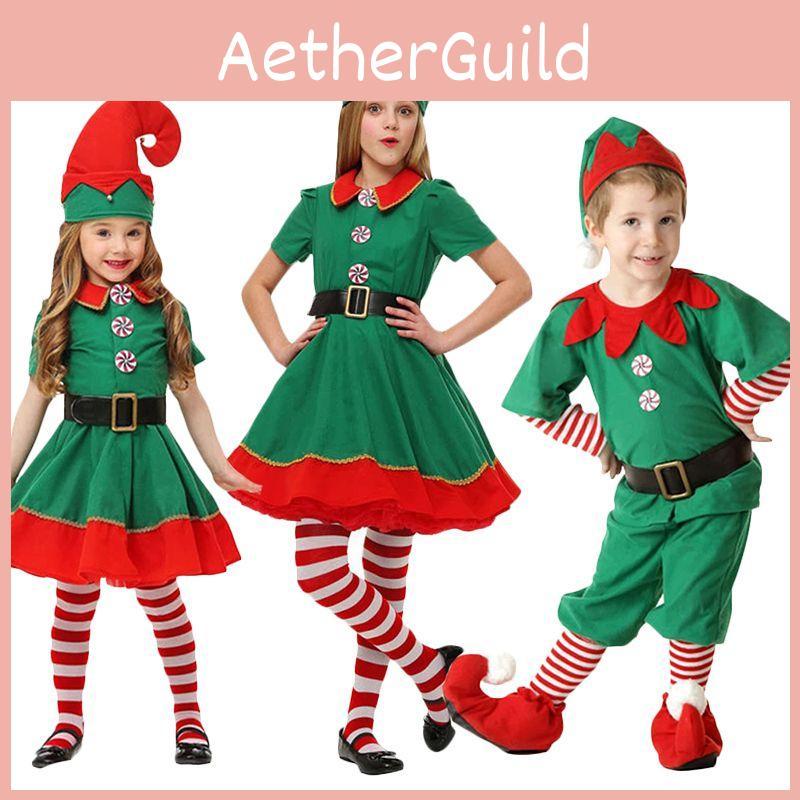 Glade Familie Jule Cosplay Kostymer Med Grønn Alv Julenisse Design For Alle Aldre