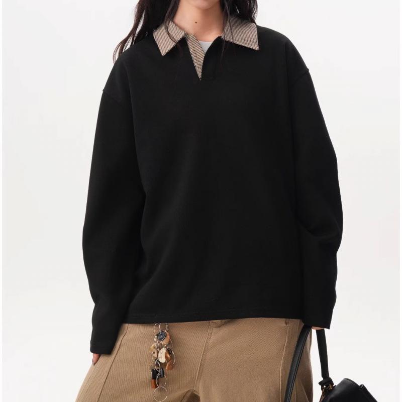 

Unisex Houndstooth Lapel Long Sleeve T-Shirt - Trendy Autumn Sportswear Top M чорний