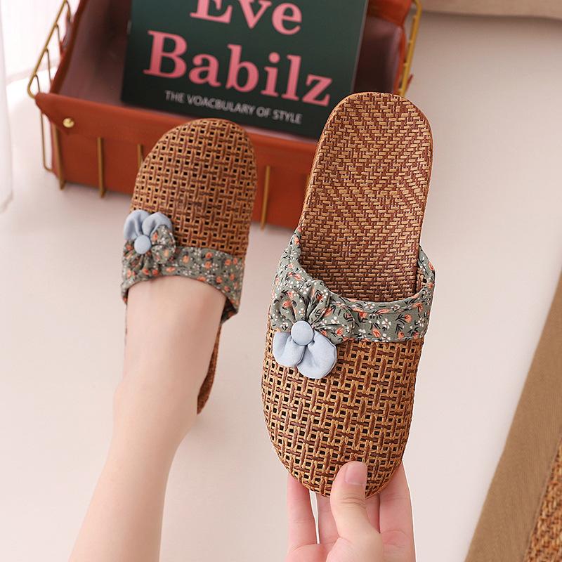 Linen Home Slippers Women Wooden Floor Slippers Couples Home Grass Mats Indoor Male Sandals Comfortable Non Slip House Shoes Bathroom