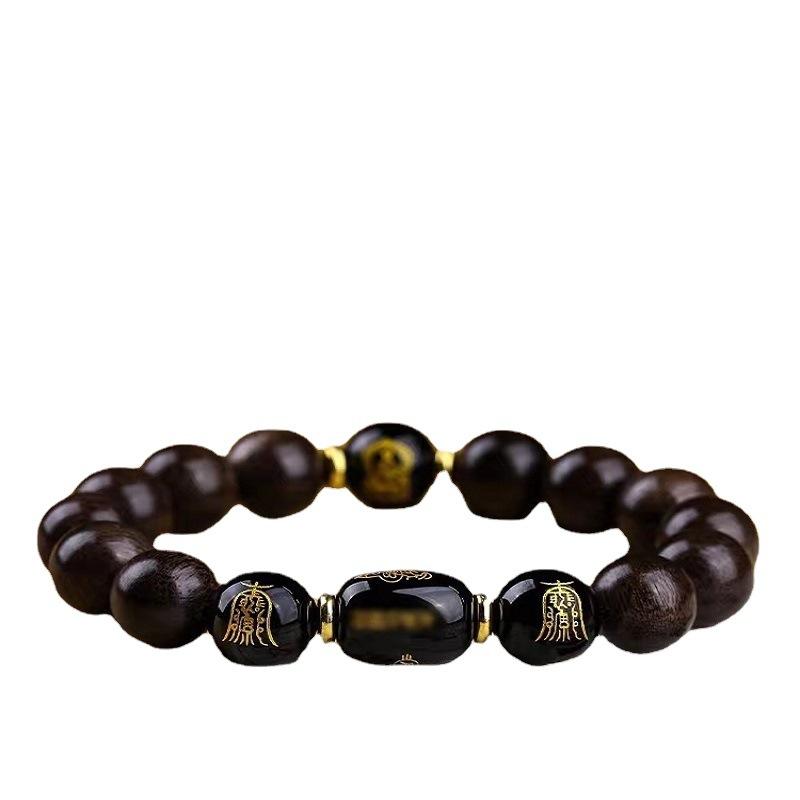 Natural Brunei Agarwood Bracelet for Men, Obsidian Zodiac Buddha, Sandalwood Peace Amulet Buddhist Bead Bracelet