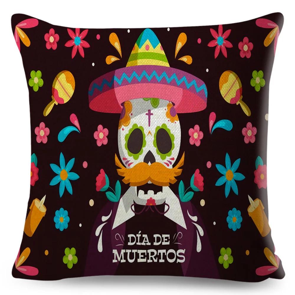 Day Of The Dead Pillowcase Decor Cartoon Mexico Flower Skull Print Cushion Cover for Sofa Home Polyester Pillow Case 45x45cm