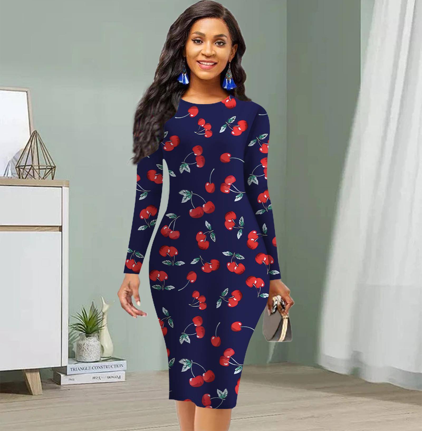 

Длинный рукав, облегающее, офисное, облегающее, с принтом вишни, элегантное облегающее платье 8XL темно-синий