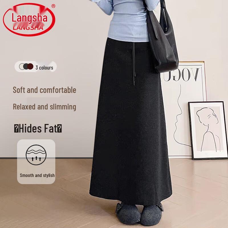 Langsha Women s Wool Blend Split Hem Midi Skirt M