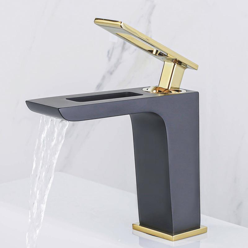 Tuqiu Basin Faucet Black and Gold Bathroom Mixer Tap Black Wash Basin Faucet Single Handle Hot and Cold Waterfall Faucet