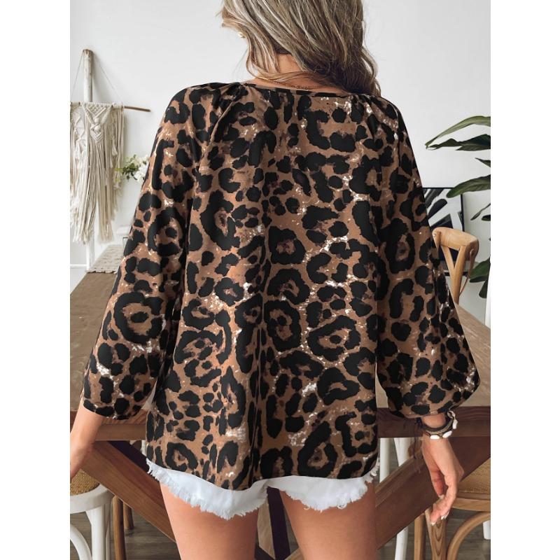Damen Lässiger Pullover mit Leopardenmuster, V-Ausschnitt, Dreiviertelärm