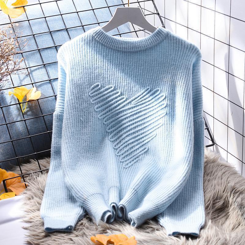 

Круглый вырез женский свитер-пуловер свободный и ленивый стиль универсальный вязаный топ для осени и зимы L небесно-голубой