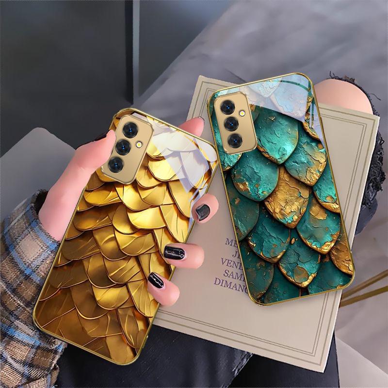 Golden scale texture For Samsung Galaxy S 21 S22 S23 Plus S24 Ultra S20 FE 25Ultra S21+ S9+ 22Plus Golden glass phone case