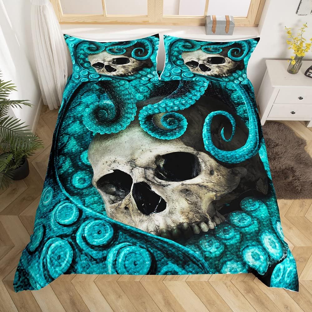 

Octopus Skull 3D Print Duvet Cover Set Blue Cotton Comforter With 2 Pillow Shams Luxury Horror Decorative Bedding 90X200cm