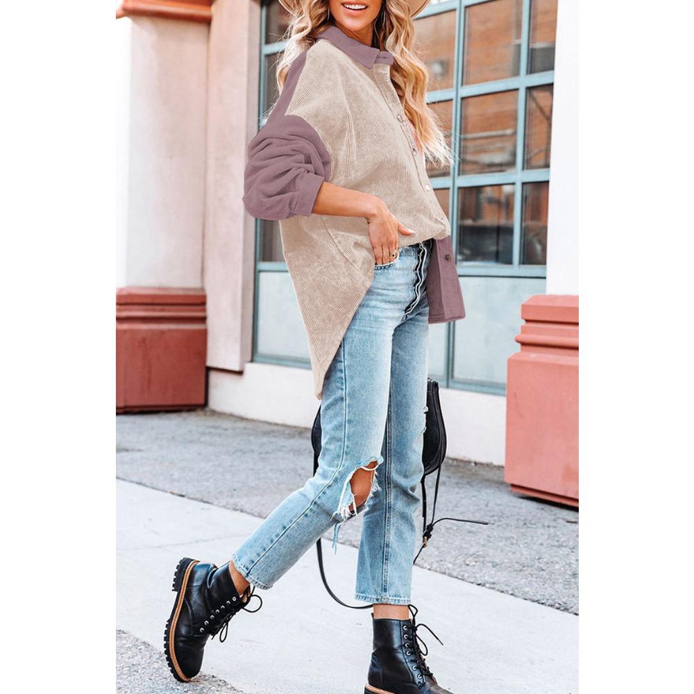 Women's Loose Casual Color Blocked Lapel Button Long Sleeved Shirt Top Long Sleeved Shirt