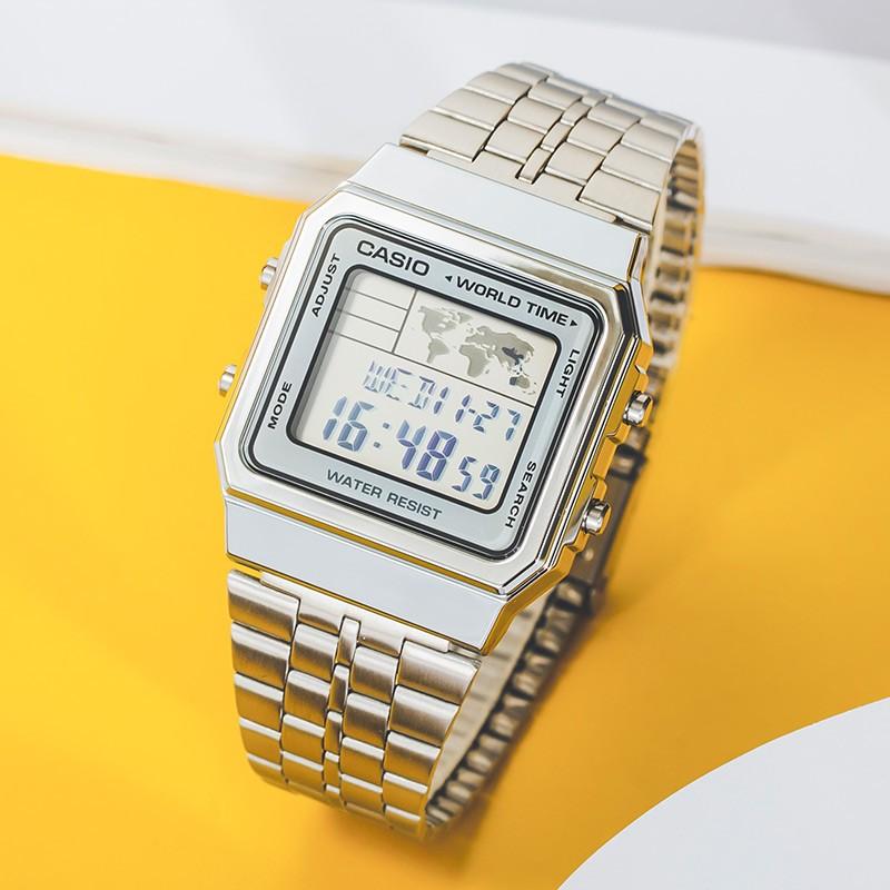 Casio Youth Series Vintage Standard Classic Small Silver Block Square Retro Waterproof Quartz Movement Stainless Steel Strap Unisex watches A500WA-7
