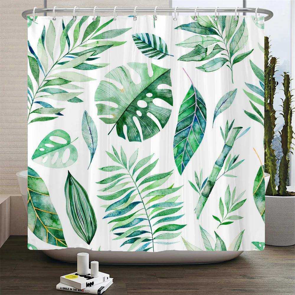 Green Plant Leaves Printed Shower Curtains Waterproof Polyester Curtain with Hook Decoration Bathroom Curtains 3D Shower Curtain