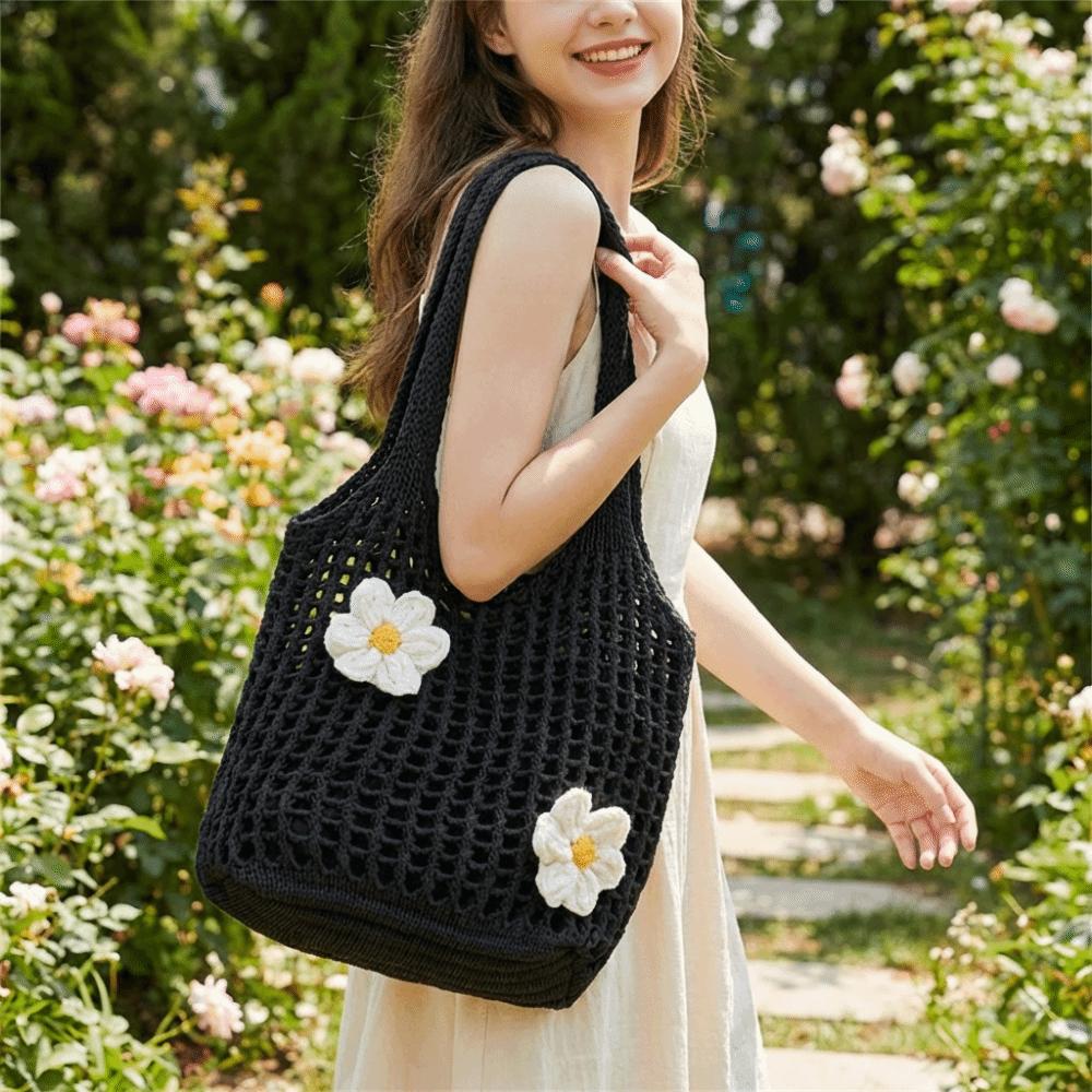 Retro Flower Knitted Tote Bag Large Capacity Woolen Crochet Handbag Eco-Friendly Lightweight Hollow Shoulder Bag Summer