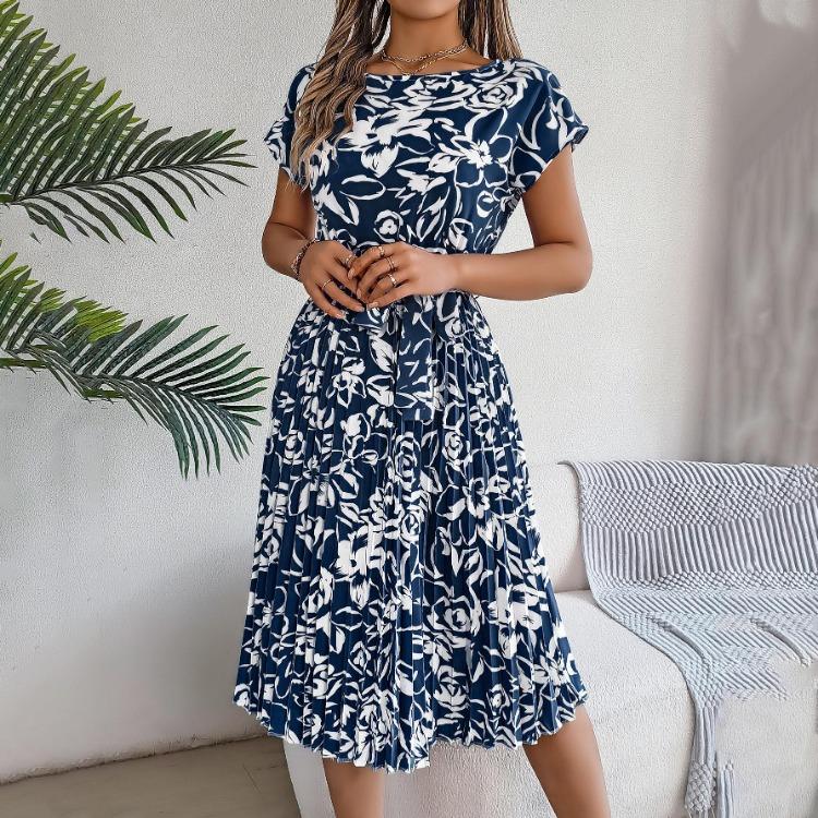 

High Waist A Line Floral Long Dress Women Short Sleeve Pleated Spring Summer S