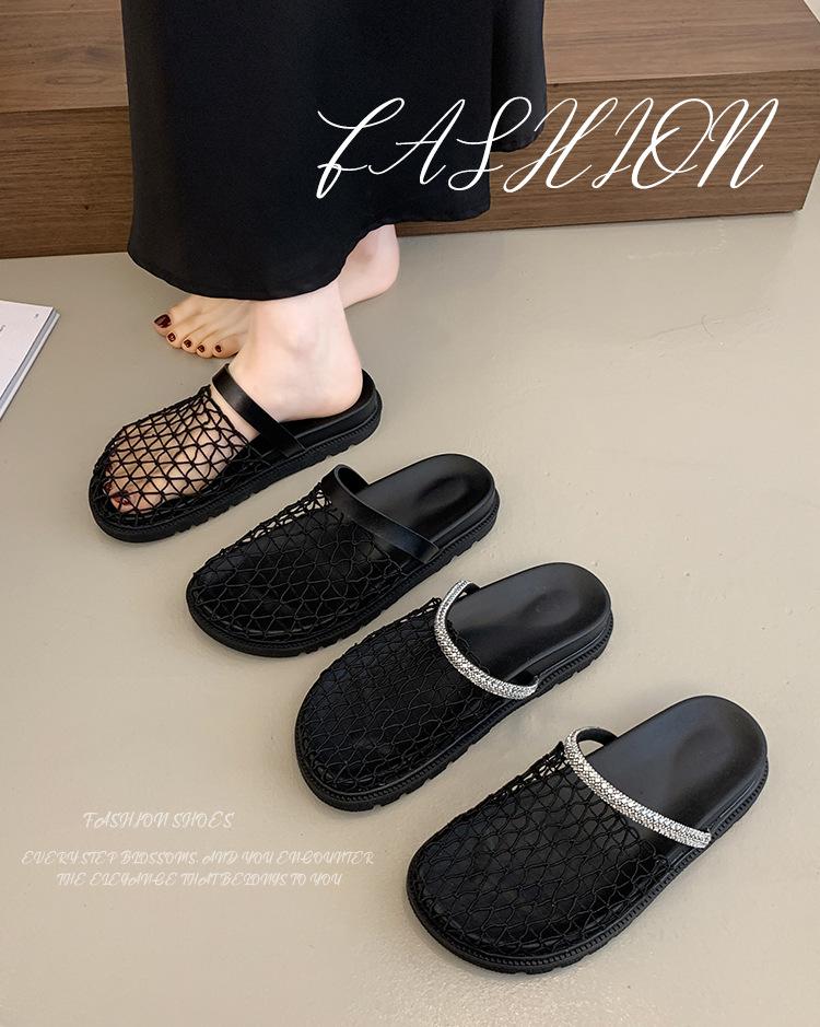 Mesh woven slippers round head hollow outer wear non-slip slippers 2025 new thick-soled one-pedal bag head cool slippers