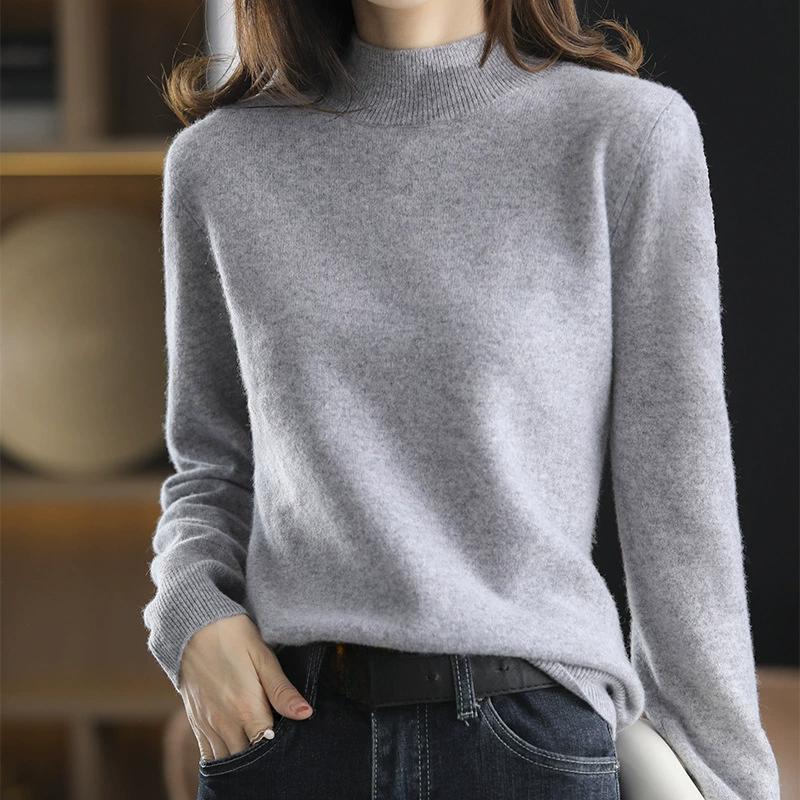 Half High Neck Fashionable Versatile Knitted Sweater for Women, Autumn and Winter Short Style Pullover, Solid Color Loose Sweater Base
