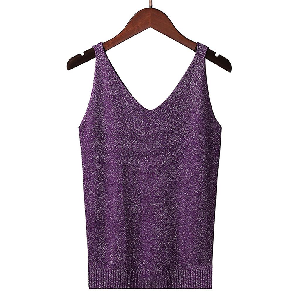 Women's Tank Top With Knitted Sequins Sexy Sleeveless V Neck Tank Top T-Shirt Casual Sequins Strappy T-Shirt Elegant Blouse