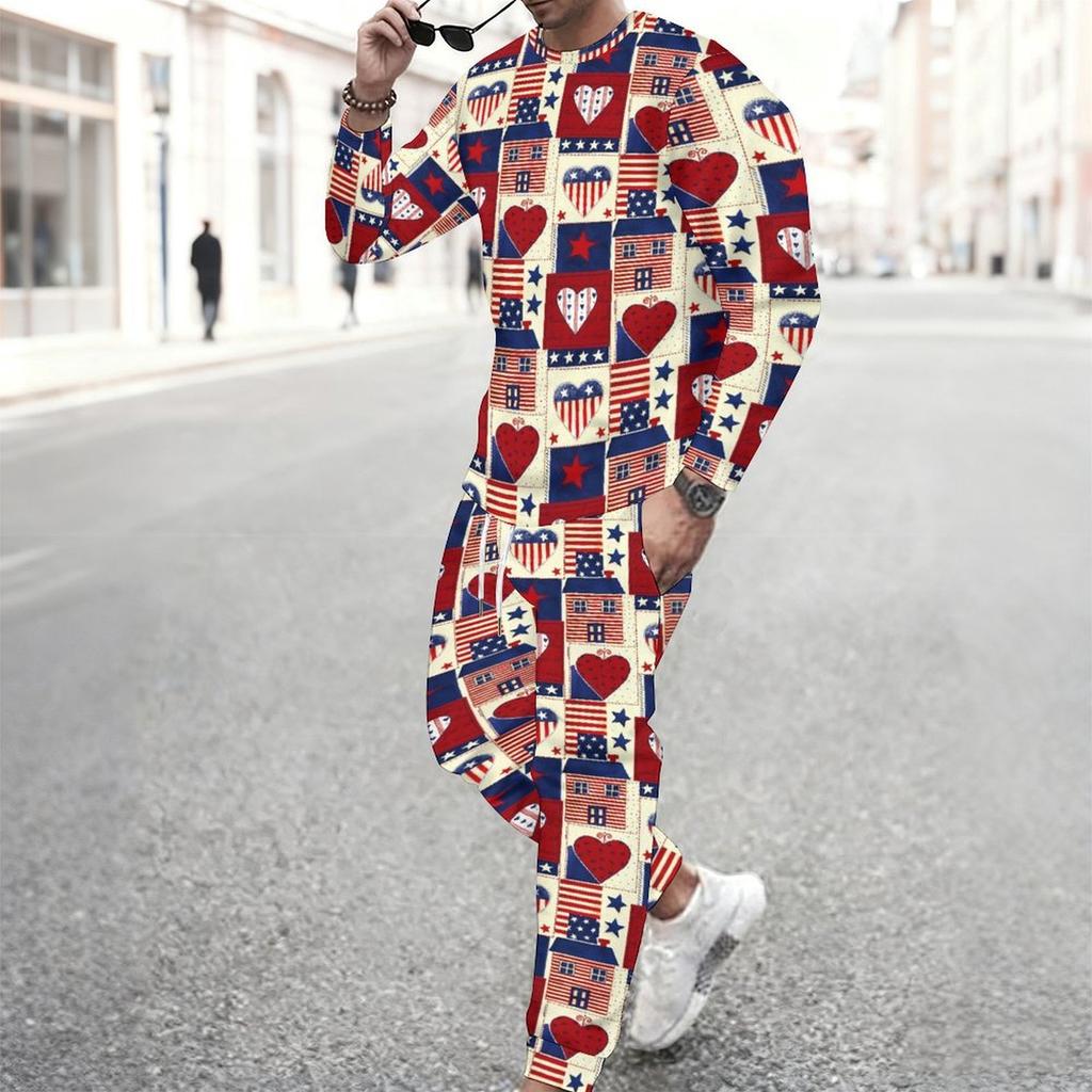 Men Vintage Star Stripe Print Long Sleeve Sweatshirt Drawstring Cuffed Jogger Pants Two Piece Streetwear Suit