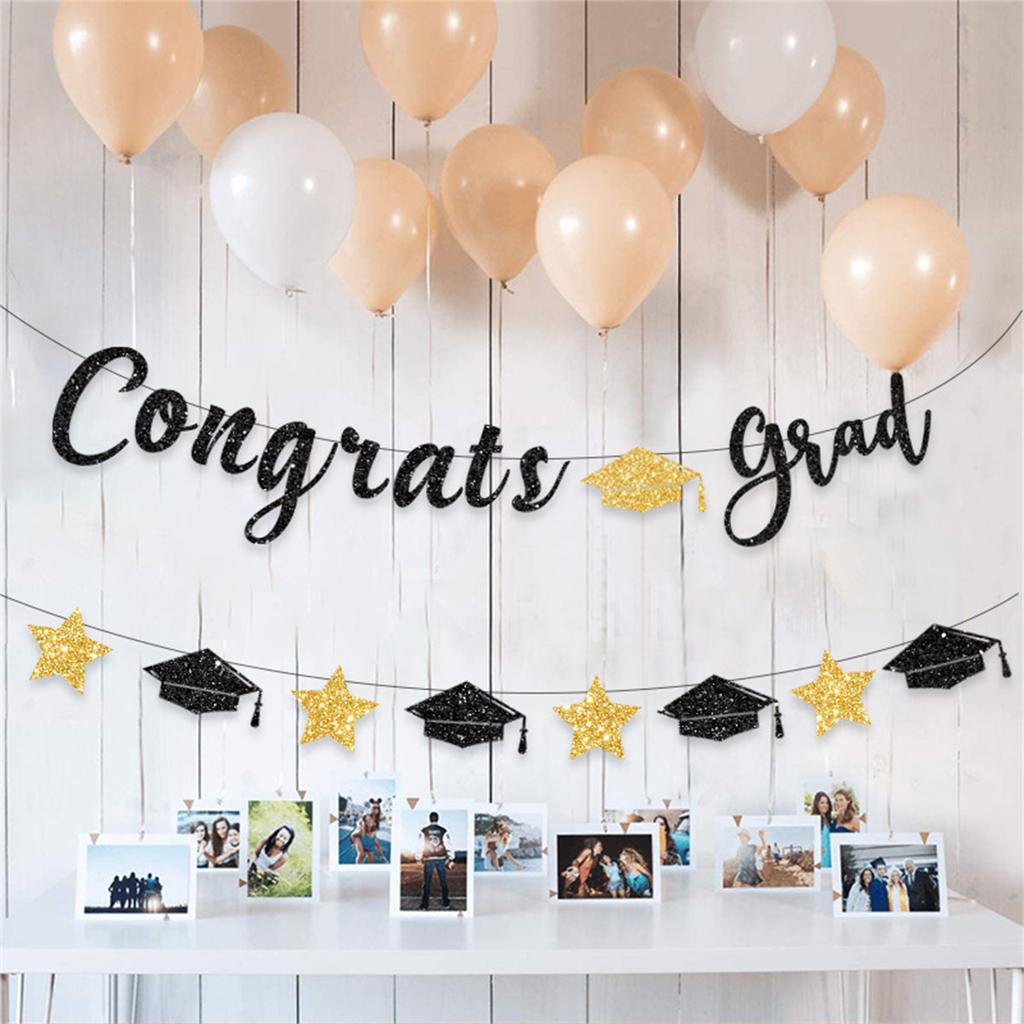 Glittering Congrats Grad Banner Graduation Party Ornament Hanging Decoration for Class of Graduation Celebration
