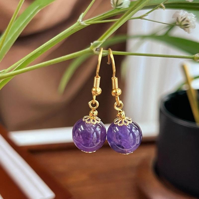 Gold Plated Natural Round Amethyst Bead Dangle Hook Earrings With Floral Cap фиолетовый