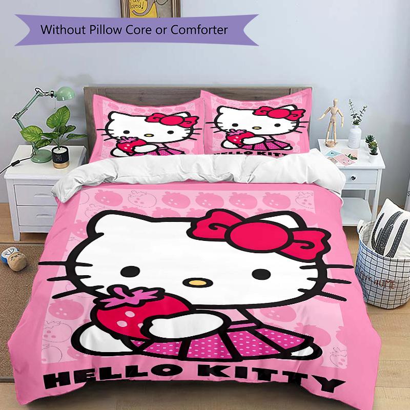 3pcs Strawberries and Hello Kitty Quilt Cover Set (1 Quilt Cover + 2 Pillowcases Without Pillow Core), High-Definition Printing for Home and Dorm