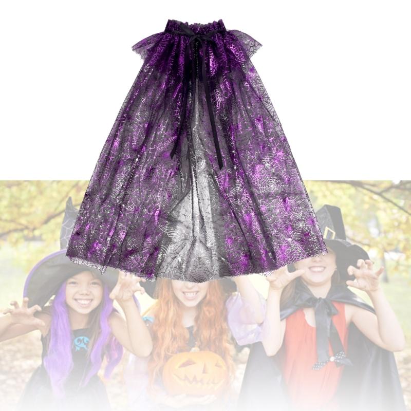 Encantador Capa de Halloween para Niños Disfraz Cosplay Telaraña Calabaza Bruja Malla de Tul Capa para Carnavales Evento Temático