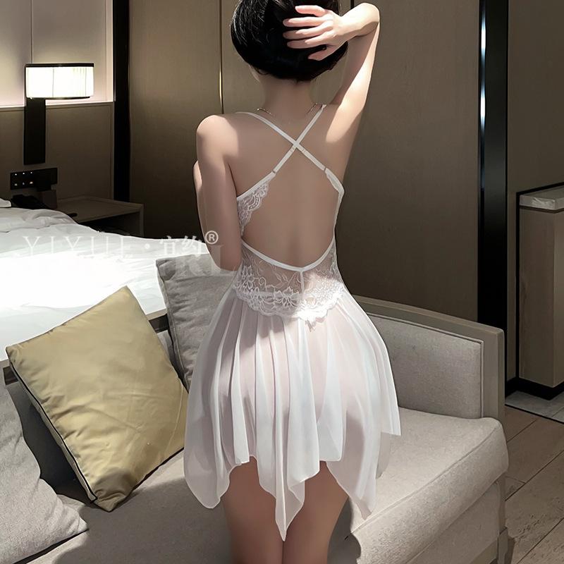 Erotic Underwear, Sexy Halter Lace Seductive Pajamas, Hot Mesh See-through Nightdress, Small Chest Uniform 8453
