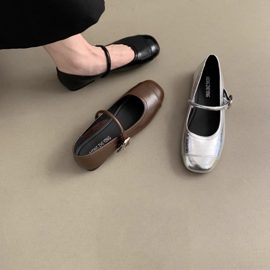 With Skirt Mary Jane Shoes Single Shoes Women's Spring and Summer New Flat Silver Small Leather Shoes