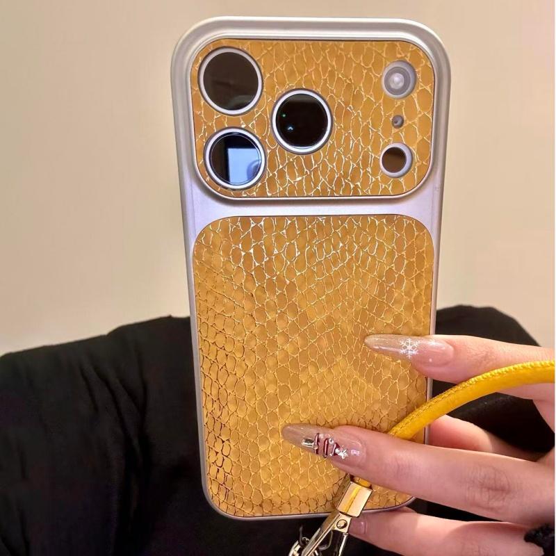 Luxury Leather Lanyard Snakeskin Plating Case for iPhone 17 16 15 14 Pro Max Shockproof Hard Armor Business Glossy Phone Cover