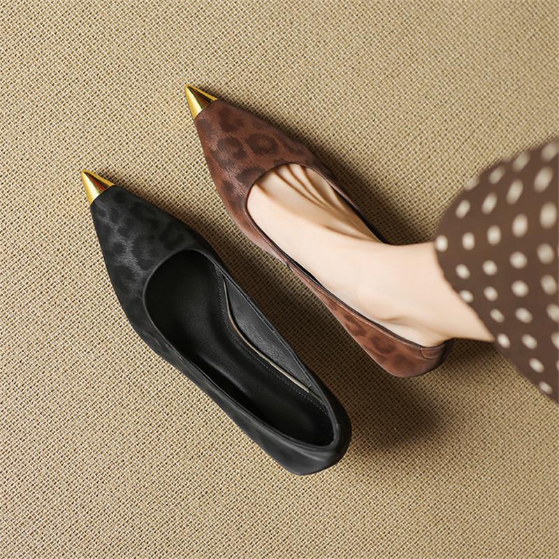 Fashion New Spring/Summer Split Leather Women Pumps Shoes for Women Fashion Leopard Print Metal Pointed Toe Loafers Shoes Women Ladies