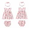 Yaz Rahat Bebek Kız Çilek Desen Flare Kol Elbise PP Pantolon Kafa Bandı Sundress Seti