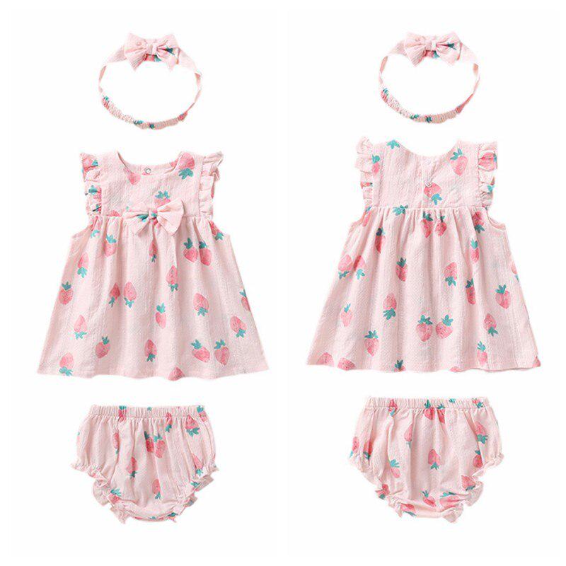 Yaz Rahat Bebek Kız Çilek Desen Flare Kol Elbise PP Pantolon Kafa Bandı Sundress Seti