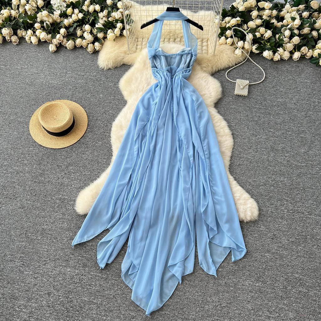 Summer Women Sexy Strapless Open Back Chiffon Irregularly Seaside Beach Ankle Length Dresses